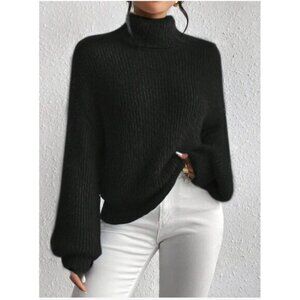 LAST ONE 🔥 Black Fuzzy Turtleneck Drop Shoulder Sweater Pullover